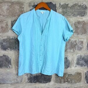 Eileen Fisher Women's Aqua Blue 100% Irish Linen Pintuck Button Up Blouse Size M